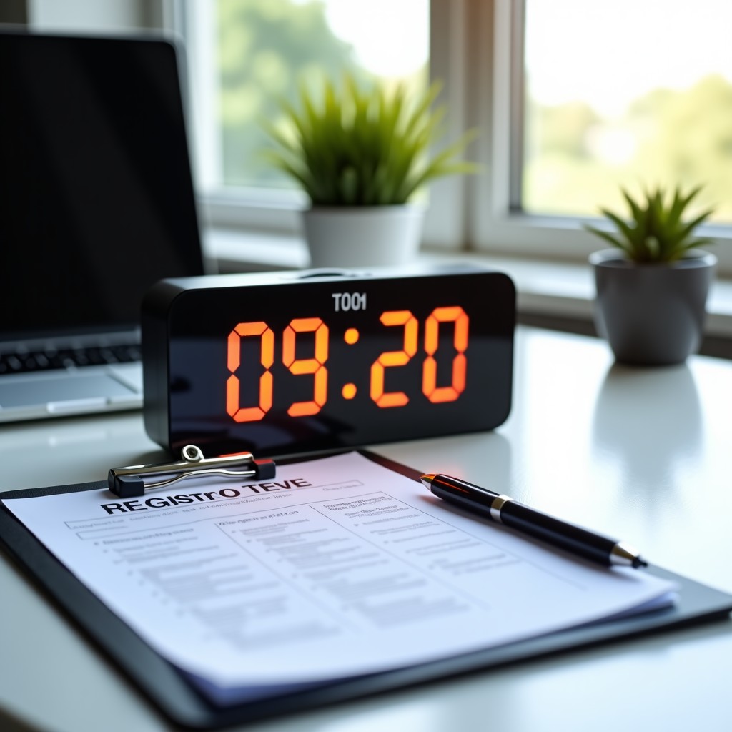 A modern desk with a stylish digital clock showing 09:20, a TOEIC test registration form, a pen, and a laptop in a bright, clean office setting, soft natural lighting, high quality photography, 4:3
