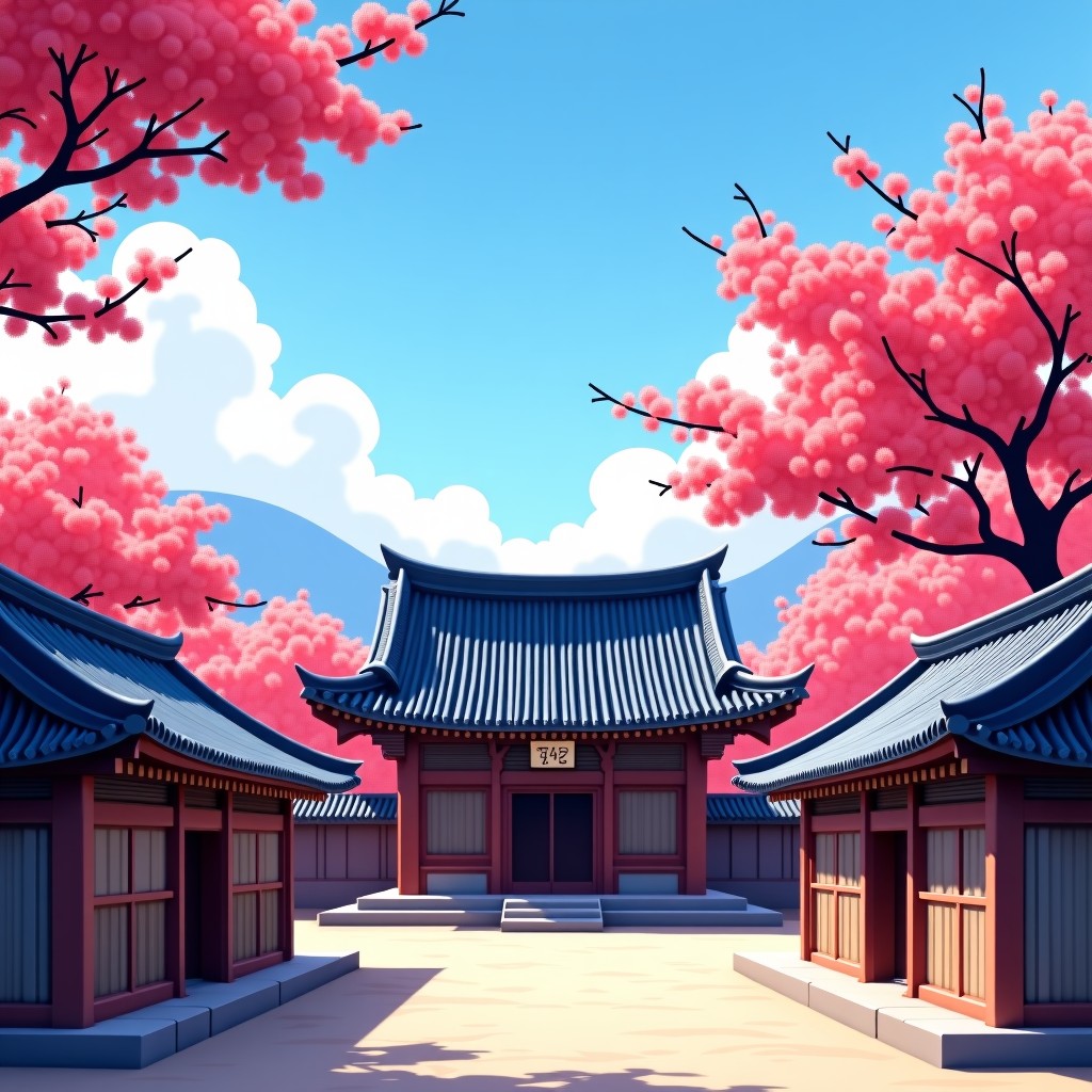 A serene view of a traditional Korean temple with dark tiled roofs and vibrant red plum blossoms in full bloom against a clear blue sky. The atmosphere is peaceful and historical. 4:3