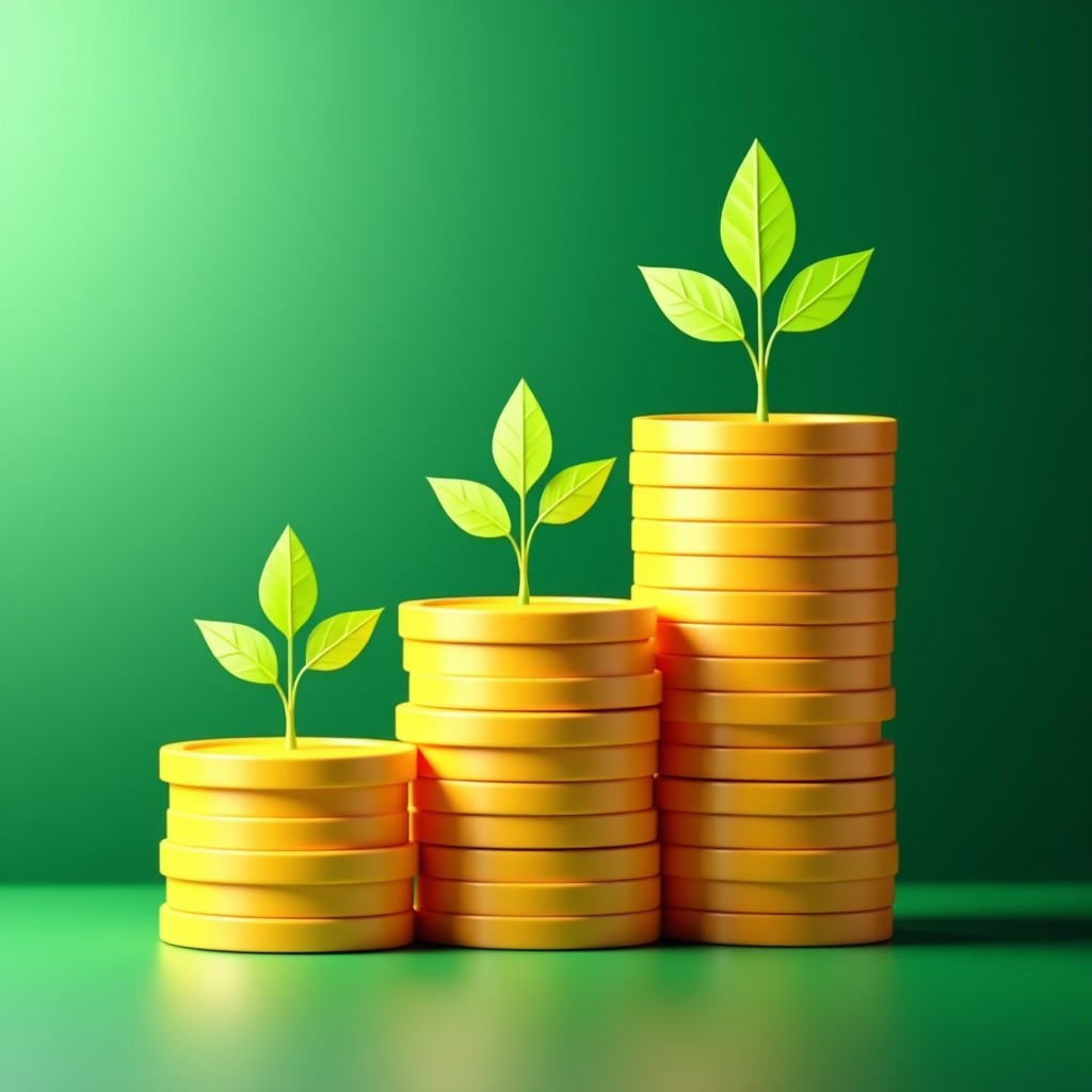 A close up of a digital bank book showing increasing balance icons with small green sprouts growing from golden coins, modern flat design style, vibrant green and gold colors, 1:1