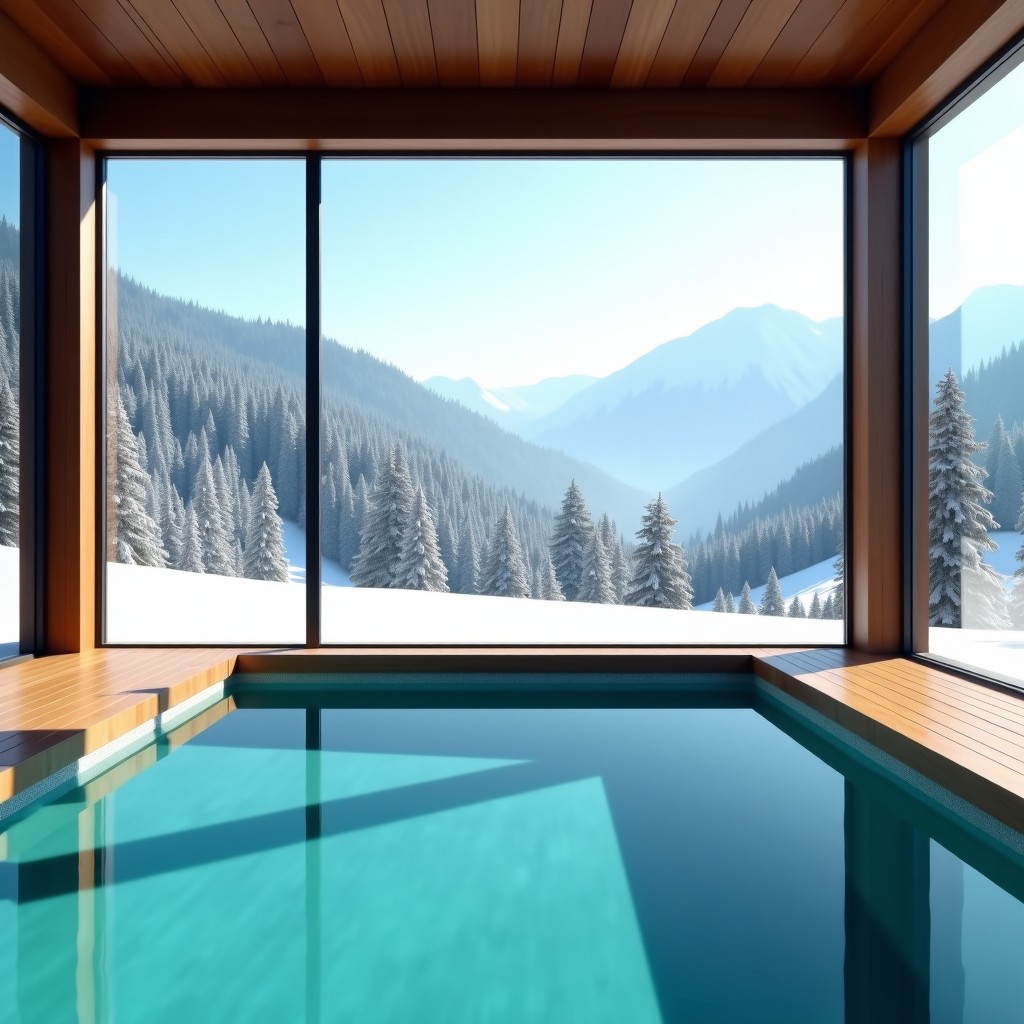 Indoor heated swimming pool inside a luxury villa transparent windows showing snowy landscape outside turquoise water and calm atmosphere 4:3