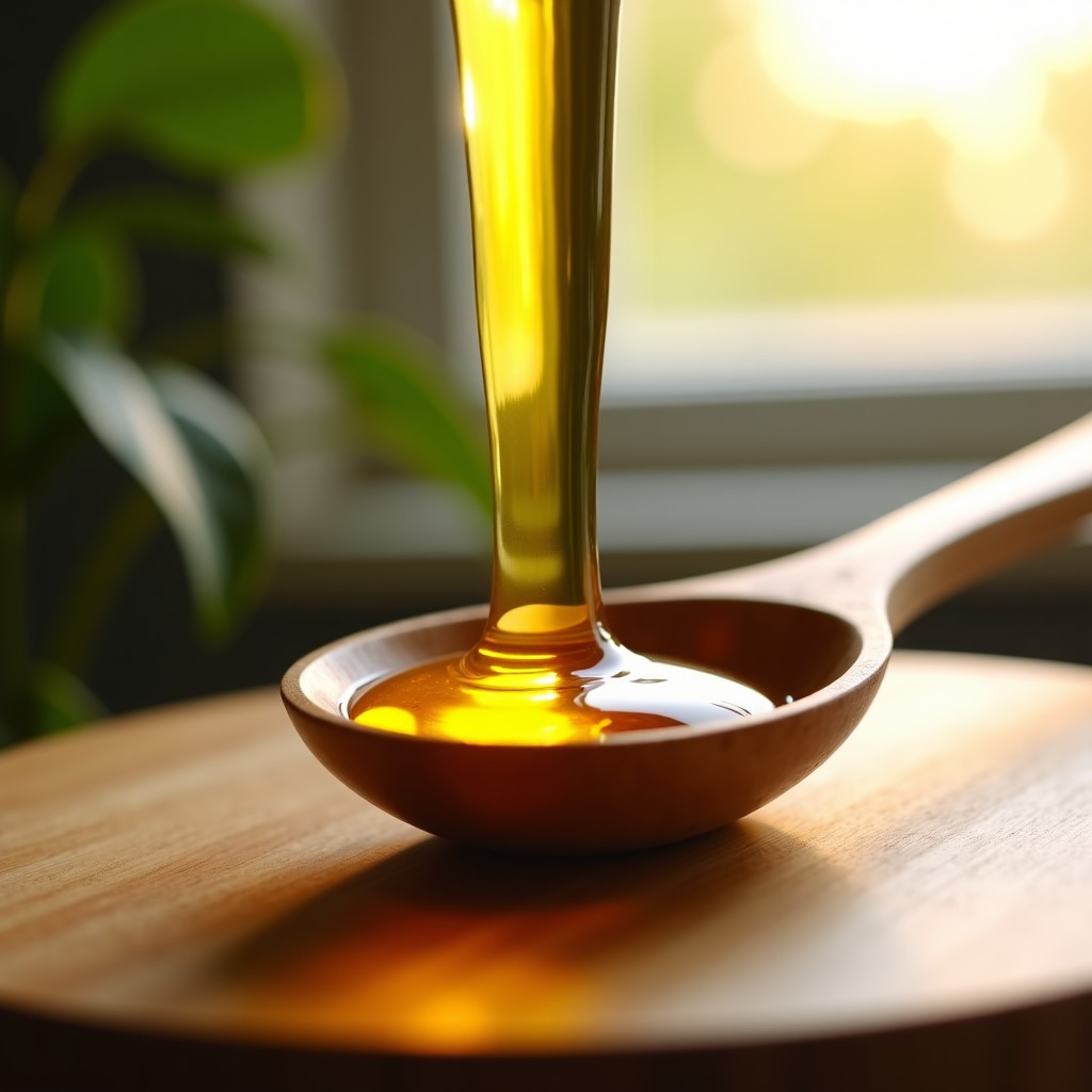 A close-up shot of golden, clear perilla oil being poured into a wooden spoon, natural morning sunlight through a window, high quality photography, 4:3