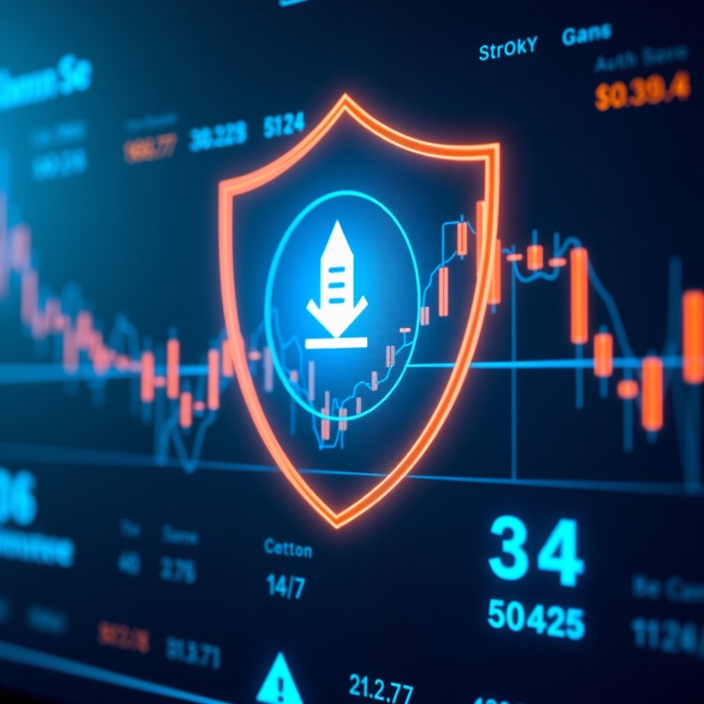 A conceptual image of a digital shield and warning icons overlaid on a stock market data screen. Cool blue and orange tones, high contrast, clean infographic style. 1:1