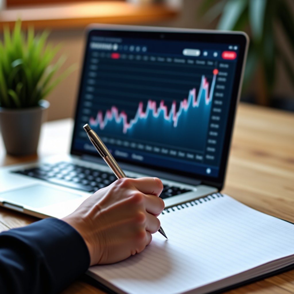 Close up shot of a person writing in a notebook with a pen at a wooden desk, a laptop showing financial news in the background, calm and focused atmosphere. 4:3