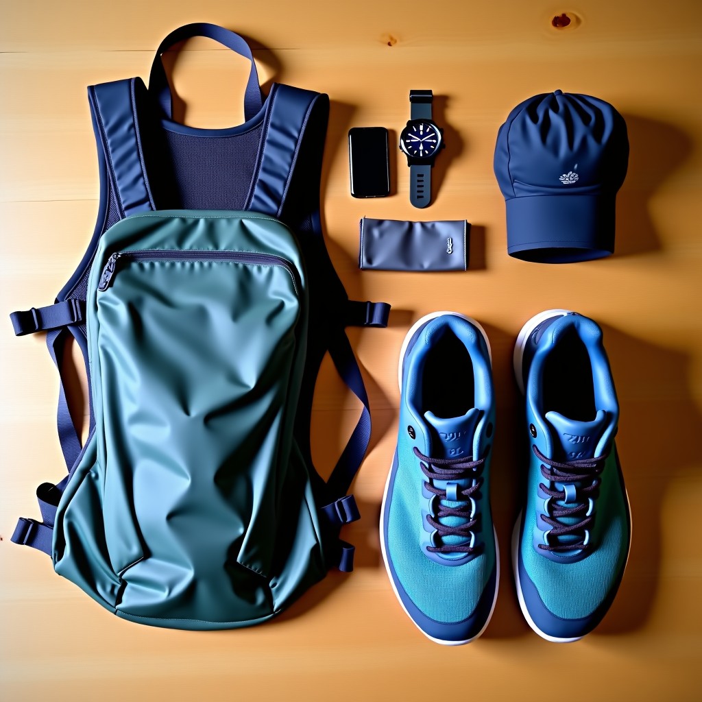 Modern trail running equipment laid out on a wooden table, hydration vest, trail shoes, sports watch, natural lighting, clean layout, 4:3
