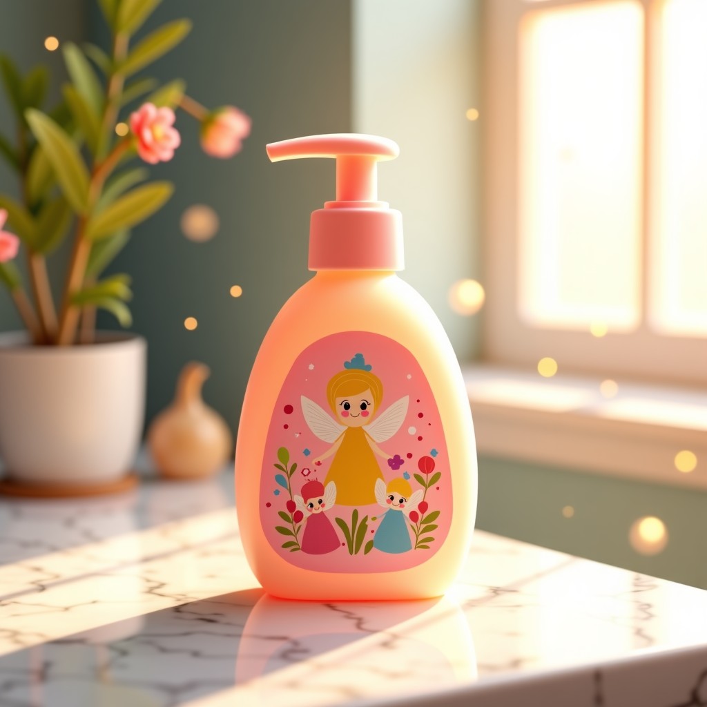 A cute and colorful baby body wash bottle featuring magical fairy characters inspired by Teenieping on the label. The bottle is placed on a clean white marble bathroom counter with soft bubbles around it. Bright and warm lighting. 4:3