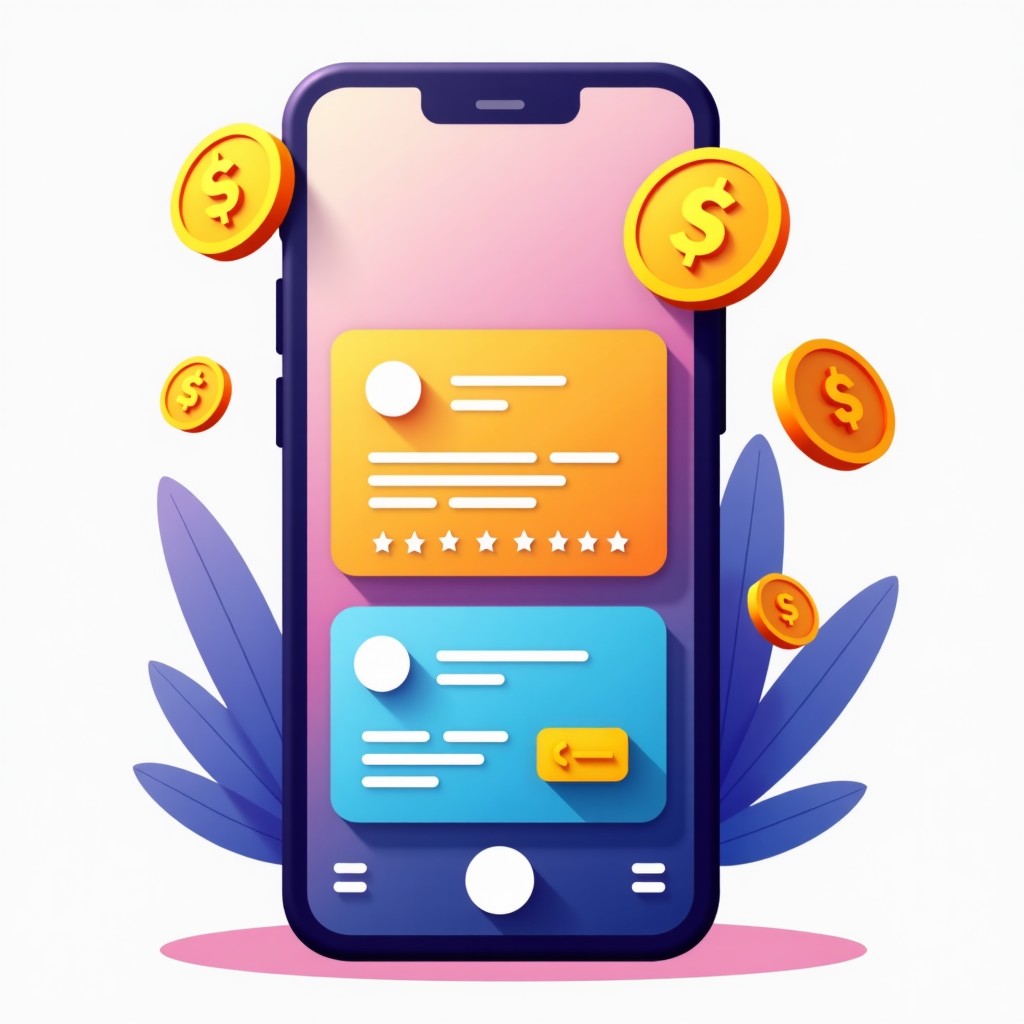 A modern smartphone displaying a colorful app interface with floating gold coins and digital points, clean infographic style, vibrant colors. 1:1