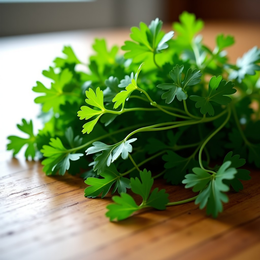 Fresh green water parsley bunches on a clean wooden kitchen table with natural sunlight. High quality photography style. 1:1