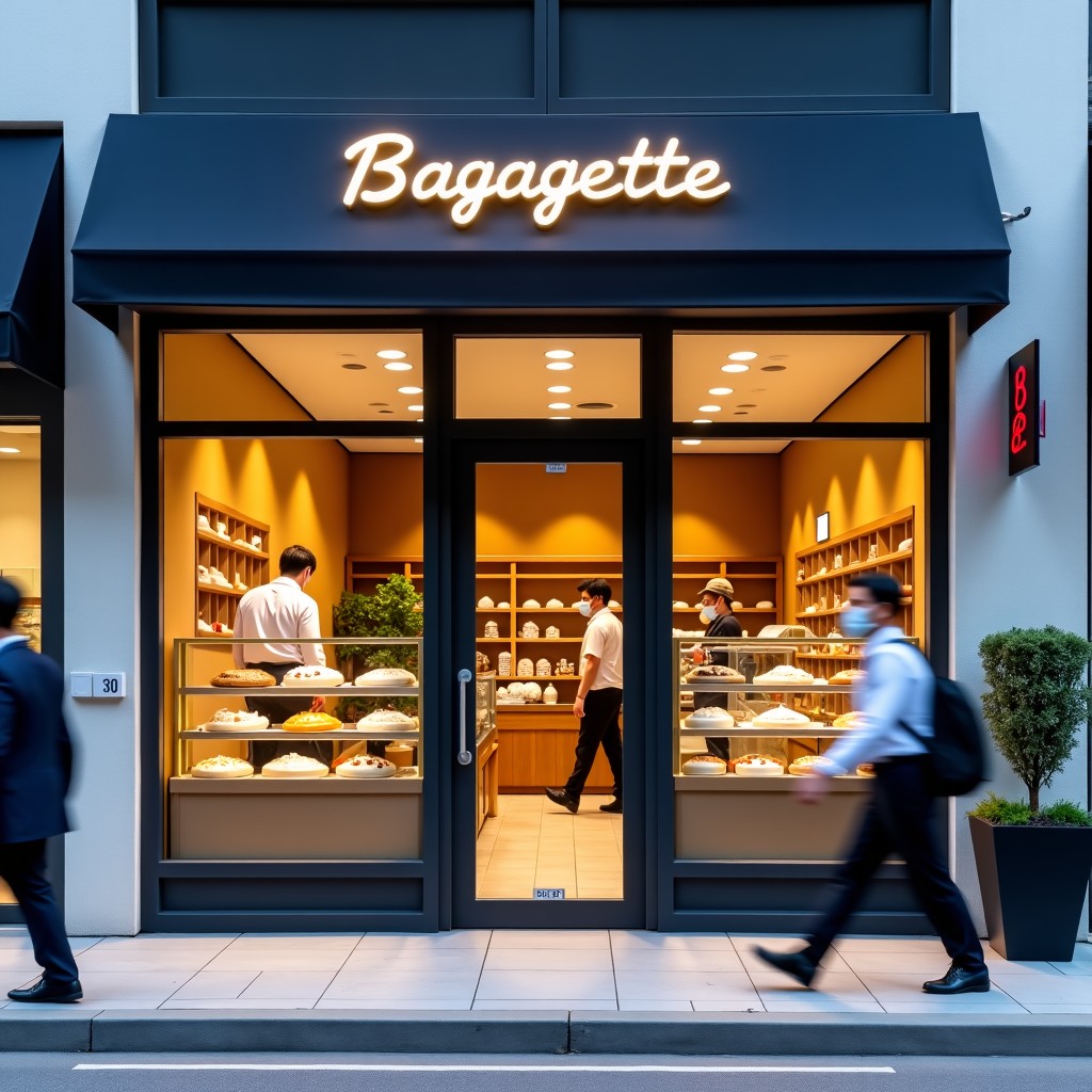 A modern and clean Paris Baguette bakery storefront in a busy street in Seoul, daytime, high quality photography. 4:3