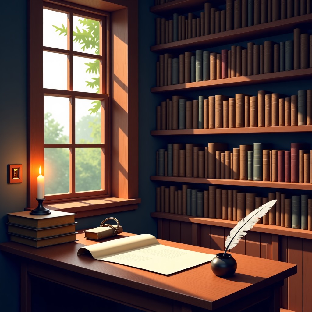 A cozy and classic study room with wooden shelves full of old books, a wooden desk with a quill and parchment, soft candle lighting, realistic photography, 4:3