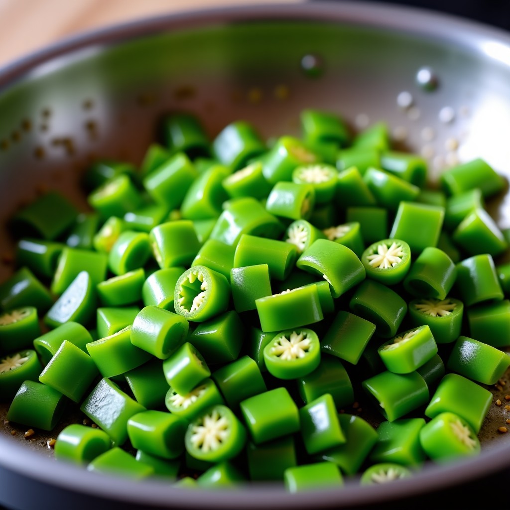 Detailed close up shot of finely chopped green chilis being stir-fried in a small stainless steel pan with shimmering sesame oil, light steam rising, vibrant green color. 4:3