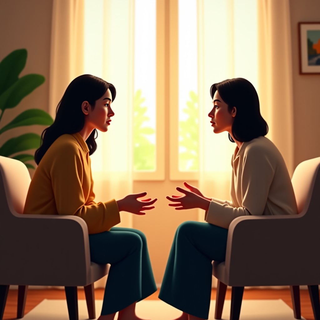 A warm and inviting counseling room where two Korean women are having a deep conversation. The atmosphere is supportive and peaceful with natural sunlight coming through a large window. High-quality lifestyle photography. 4:3