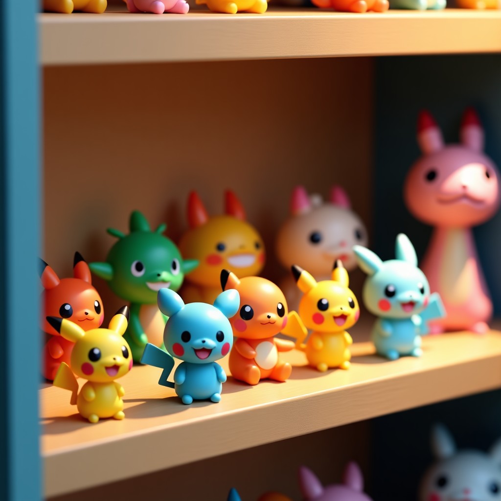 A collection of cute Pokemon keycaps and acrylic keyrings displayed on a store shelf, soft warm lighting, colorful and aesthetic arrangement, high quality photography, 1:1