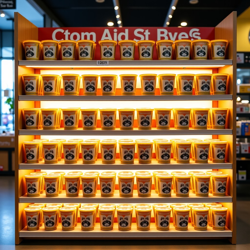 A Korean convenience store shelf with many Nongshim Rappok-guri cup noodles displayed. The packaging features a cute raccoon character. Bright and clean lighting in a modern retail setting. 4:3
