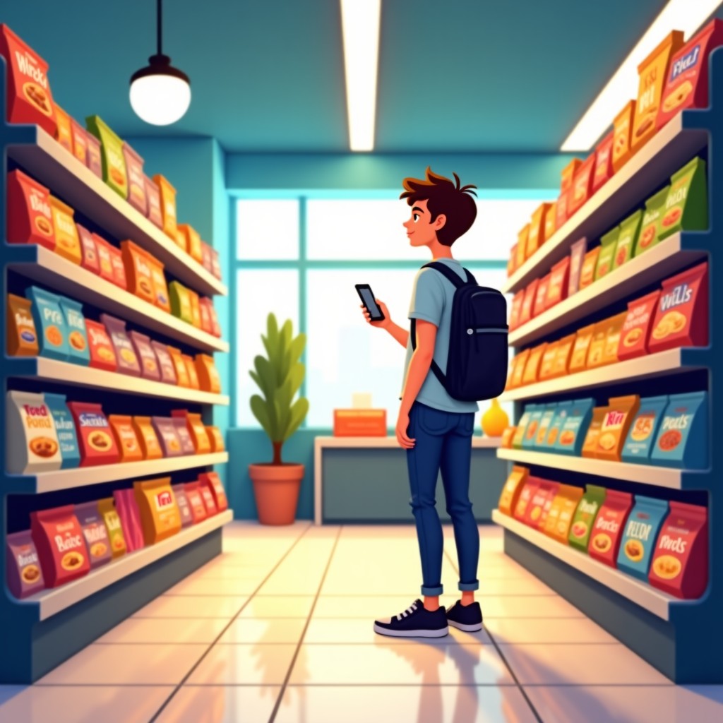 A young person with a casual outfit looking at a snack aisle in a modern and clean convenience store. The shelves are filled with colorful snack packages. Bright and even interior lighting. 4:3