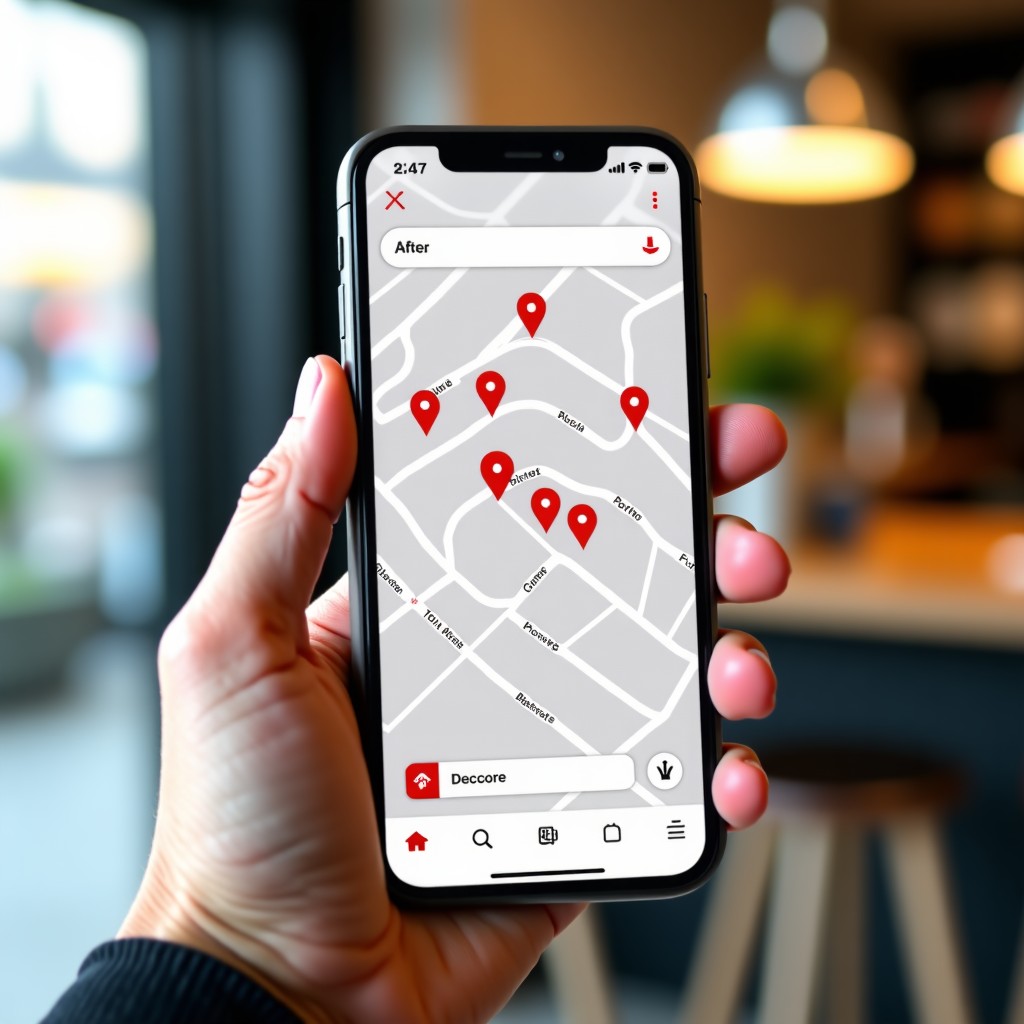 A smartphone displaying a map with icons showing product availability in different stores, clean app interface, held by a person's hand, 4:3