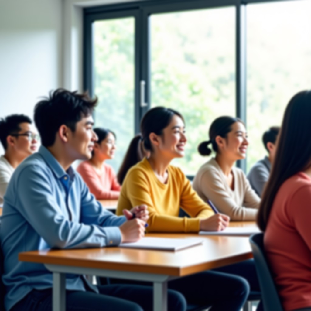 A group of vibrant Korean seniors in a bright classroom setting, listening to a lecture and taking notes. They look engaged and happy. Clean and modern educational environment, realistic style, 4:3