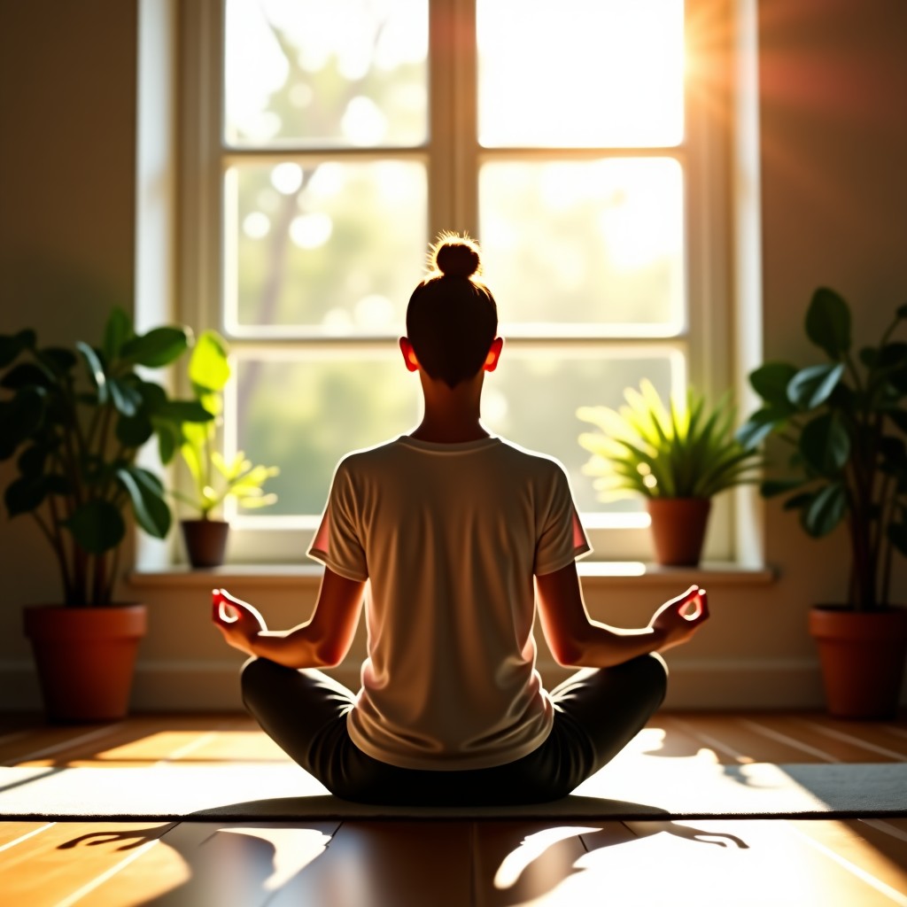 A person sitting peacefully in a sunlit room by a large window, practicing meditation or deep breathing. The atmosphere is calm and serene with warm natural lighting and indoor plants. Professional lifestyle photography style. 1:1