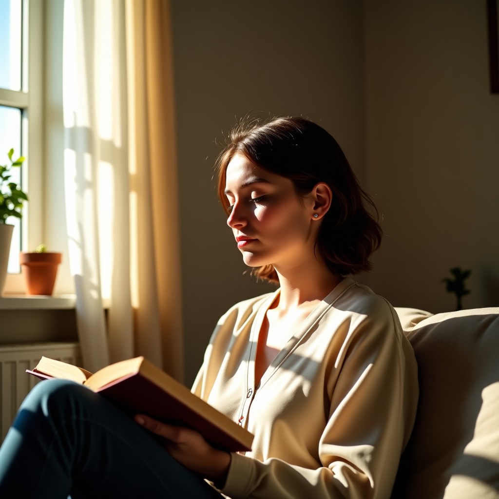 A realistic lifestyle photography of a person sitting in a sunlit room, looking peaceful and composed while reading a book. Warm lighting, natural setting, minimalist decor. The focus is on the tranquil expression of the person. 4:3