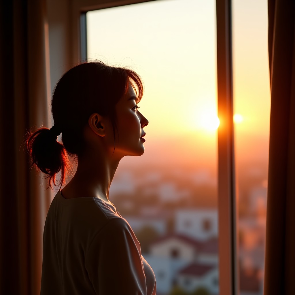 A serene Korean woman looking out of a window toward a beautiful sunset feeling hopeful about the future soft natural light peaceful and calm atmosphere 1:1