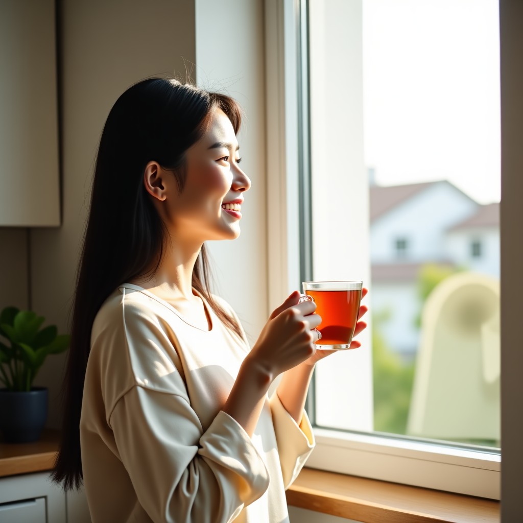 A lifestyle photography of a happy person enjoying a cup of tea in a bright, sunlit living room. Looking out the window with a peaceful smile. Clean, modern interior, natural morning light. Korean appearance. No text. 4:3
