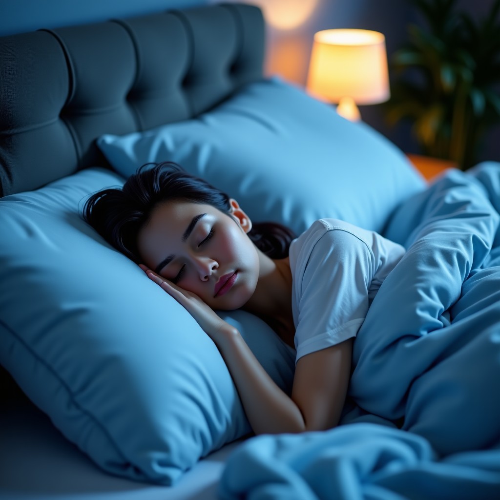 A calm and peaceful lifestyle photography of a person sleeping comfortably in a cozy bed with soft blue linens. Gentle moonlight glow, serene atmosphere, focusing on the concept of rest and recovery. 4:3