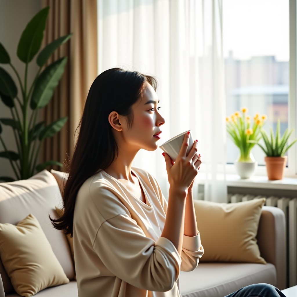 A peaceful Korean woman drinking tea in a bright modern living room, soft morning sunlight, serene atmosphere, Let Them Theory concept, lifestyle photography, 4:3