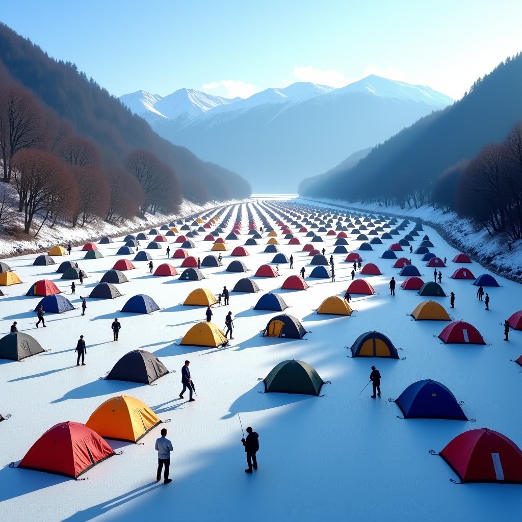 A wide landscape shot of a frozen river in Pyeongchang South Korea filled with colorful fishing tents and people ice fishing on a bright winter day. Snowy mountains in the background and a festive atmosphere. 4:3