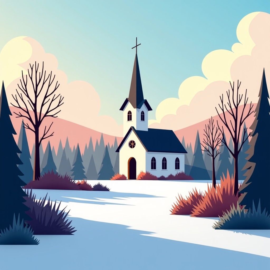 A peaceful village landscape in late winter with a small, beautiful church at the center. Soft sunlight hints at the coming spring. High contrast, clean layout. 4:3