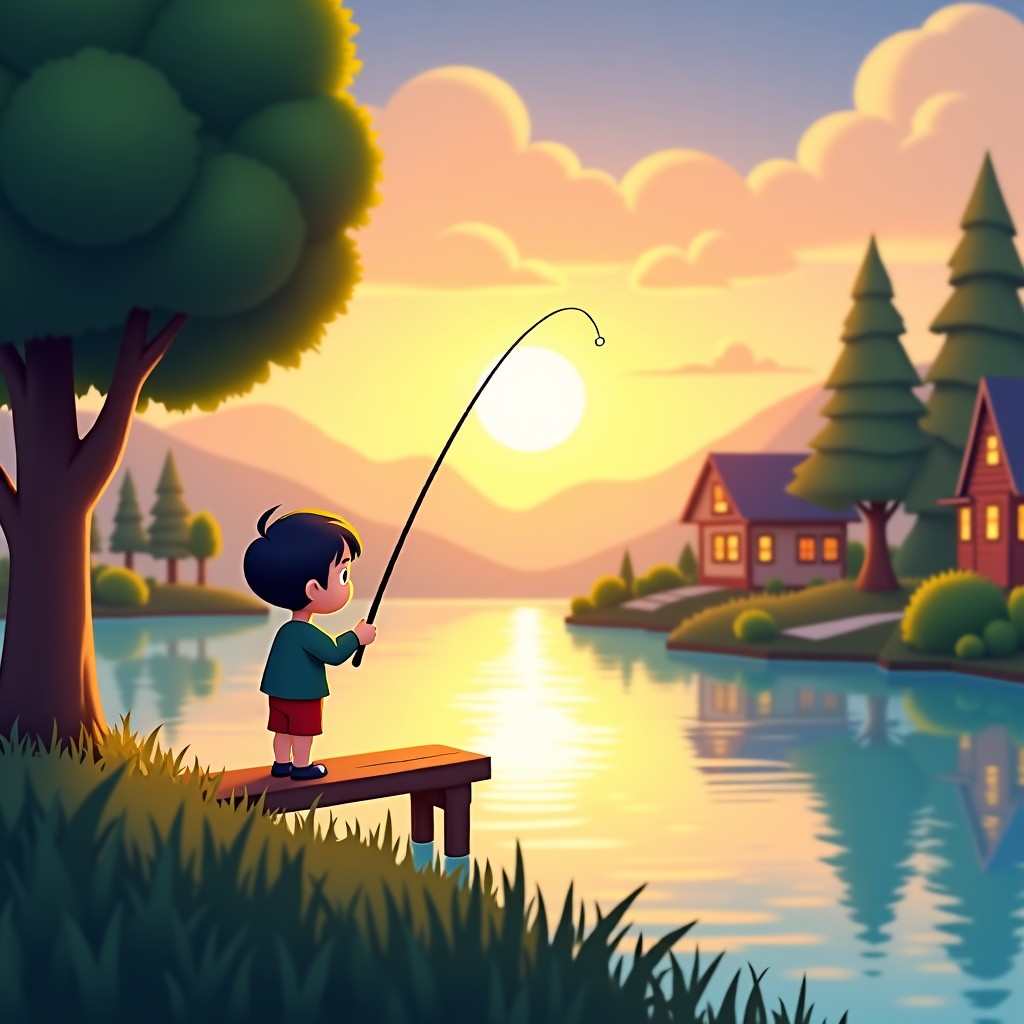 A peaceful digital illustration of a character fishing by a calm lake in a cozy town at sunset. The art style is warm and whimsical, similar to a life simulation game. There are lush trees and a small wooden pier. No text. 4:3