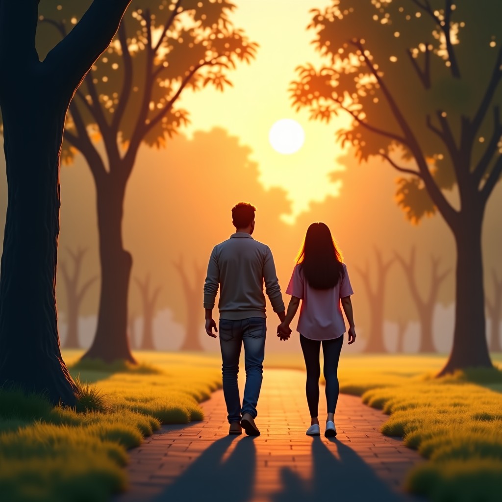 A peaceful outdoor park scene at sunset with a couple walking and talking comfortably, focusing on the atmosphere of mutual respect, realistic style, 4:3