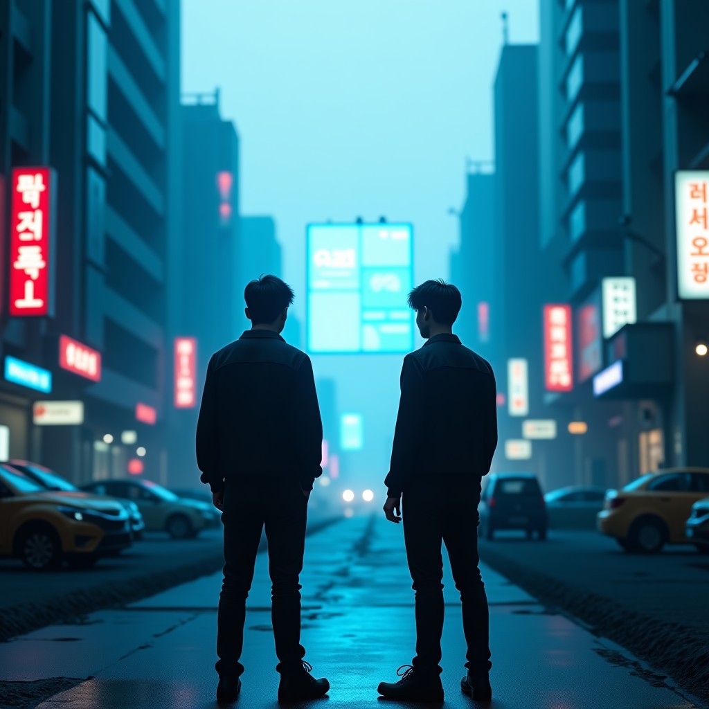 Two Korean men standing in a ruined Seoul city street, post-apocalyptic atmosphere, glowing blue interface screens floating in the air, cinematic lighting, dramatic shadows, realistic photography, 1:1