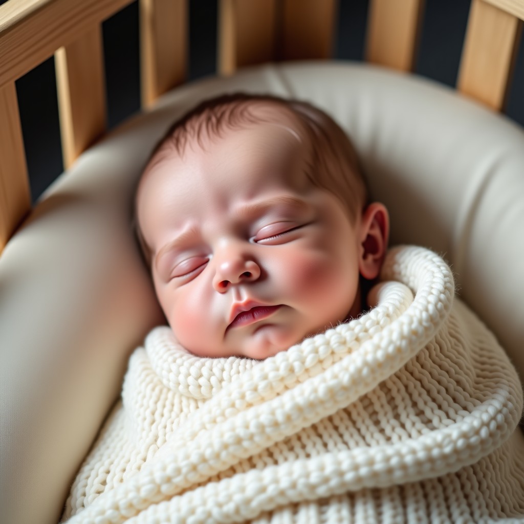 A detailed composition of a peaceful baby sleeping soundly in a cozy crib with a soft knitted blanket. High-quality realistic style, gentle lighting, no empty margins, 1:1