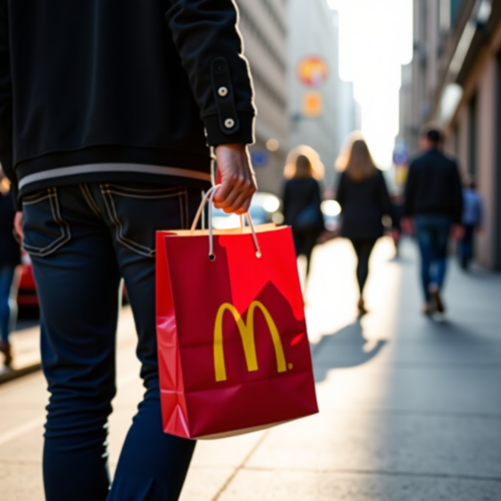 A person carrying a red paper bag with a fast food logo, walking on a city sidewalk during daytime, natural lifestyle photography, soft daylight, 4:3