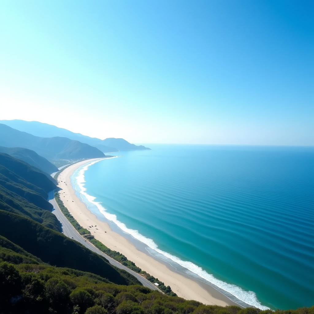 A wide cinematic shot of a peaceful blue sea coast in Pohang, South Korea, with a clean beach and a coastal road, bright daylight, 4:3