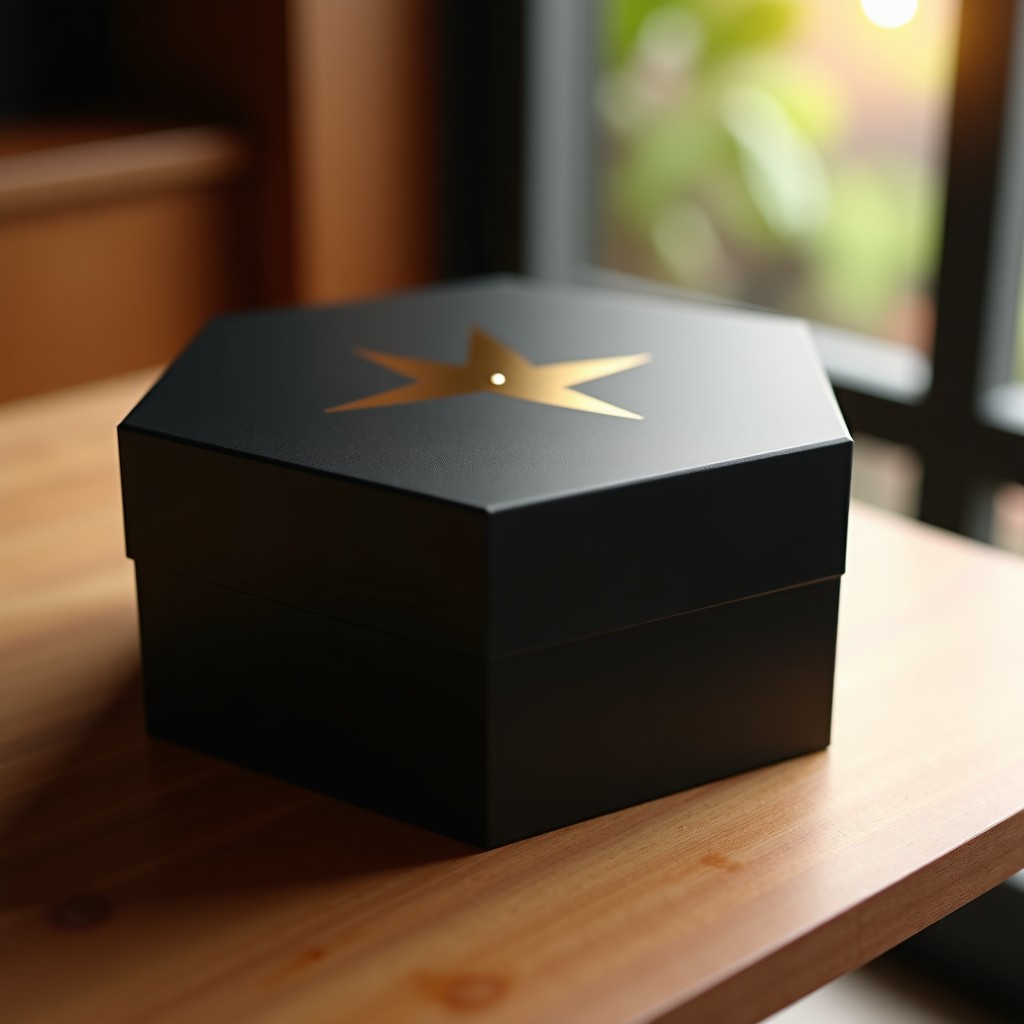 A luxurious matte black hexagonal chicken box with gold minimalist patterns on a modern wooden table, warm indoor ambient lighting, high quality lifestyle photography, 4:3