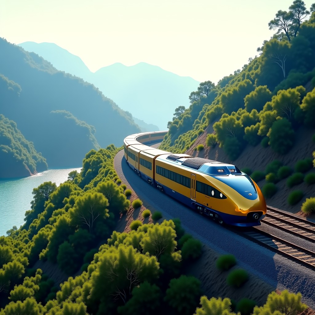 A luxurious gold and blue boutique cruise train traveling through a beautiful South Korean countryside with mountains and a river in the background, daytime, high resolution, cinematic lighting, 4:3