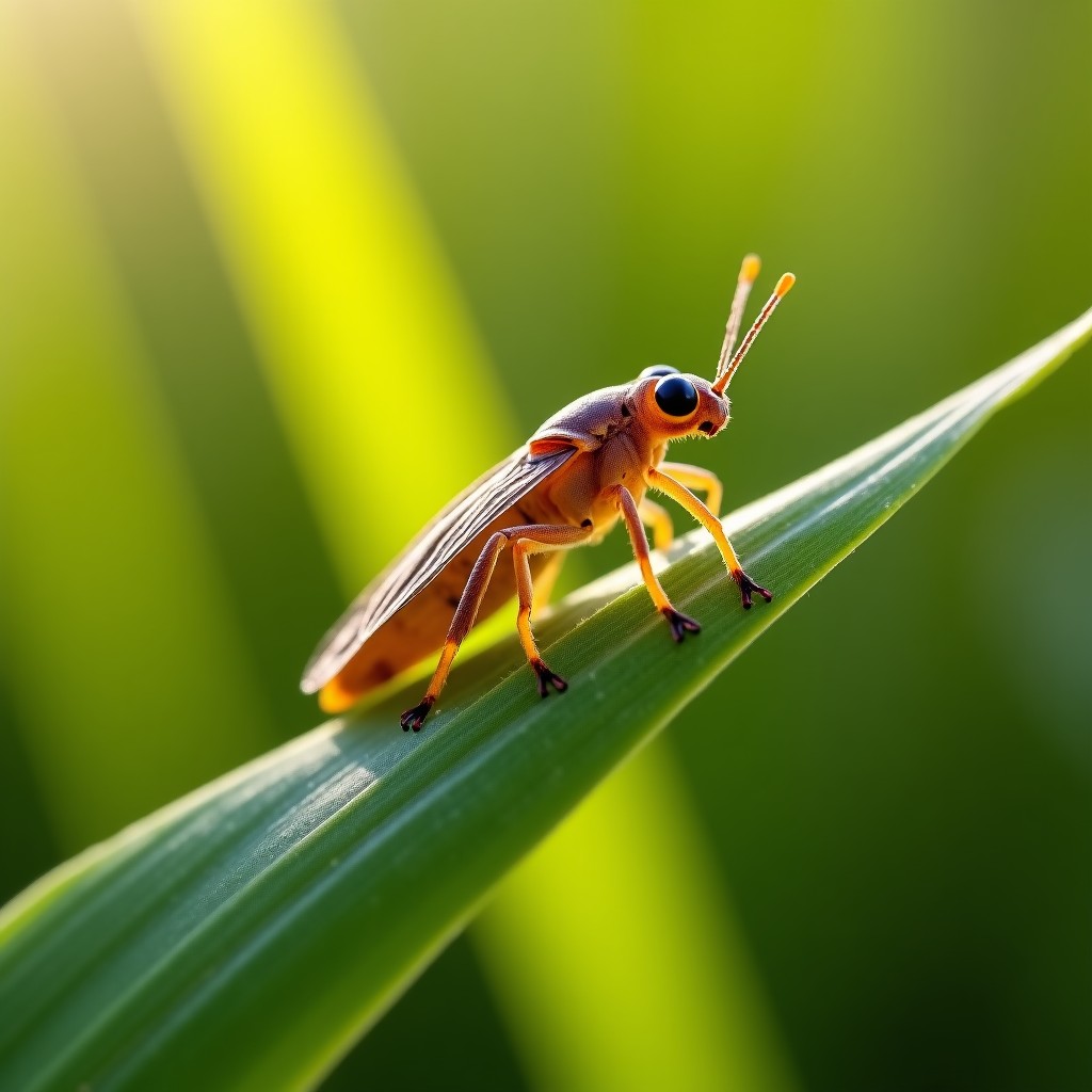 A sharp macro photograph of an adult froghopper sitting on a blade of grass. Detailed texture of its wings and powerful hind legs. Bright daylight, blurred meadow background, realistic nature photography. 4:3