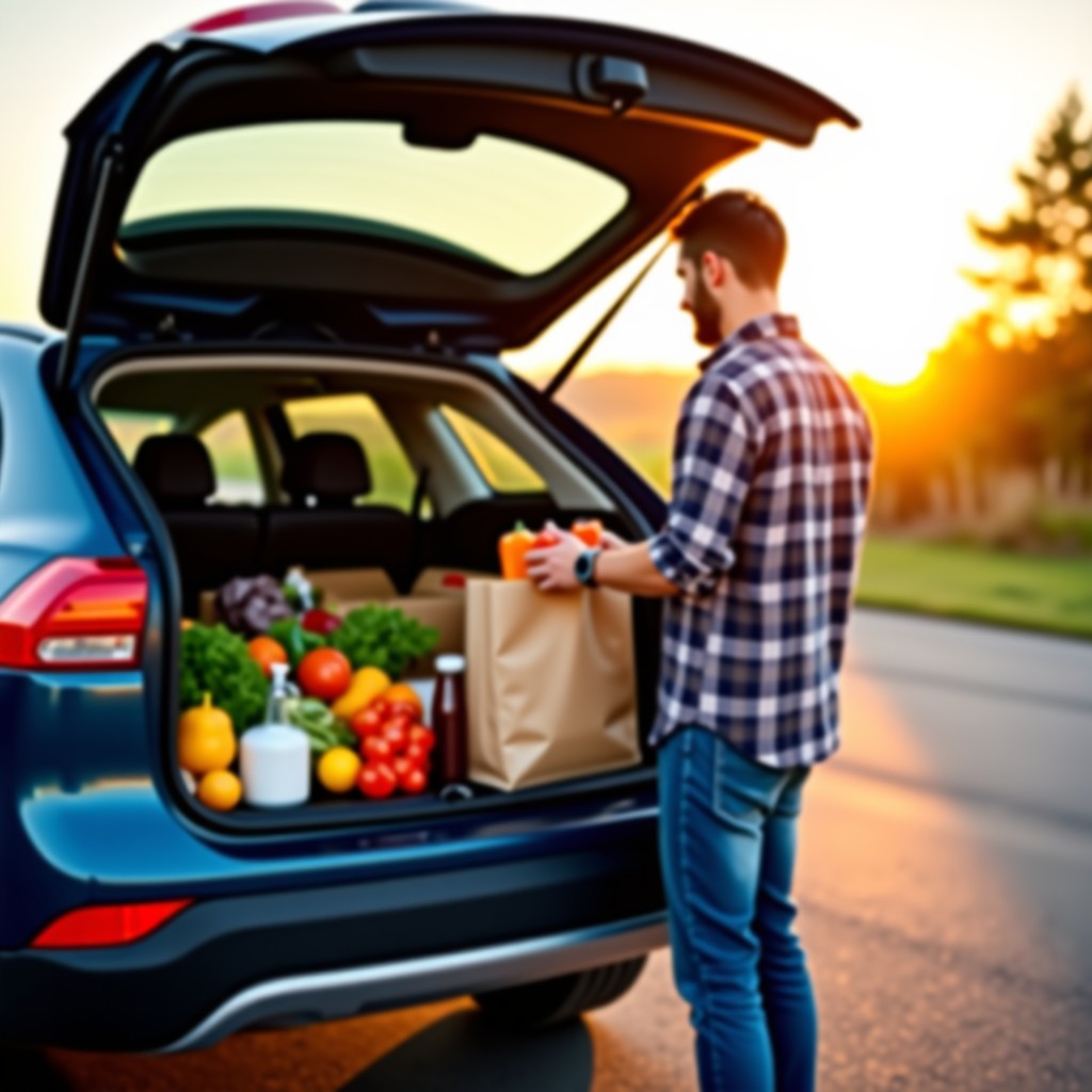 A detailed composition of a person organizing grocery bags filled with various items into a car trunk. The lighting is warm late afternoon sun, creating a sense of accomplishment after shopping. Realistic and high quality. 1:1