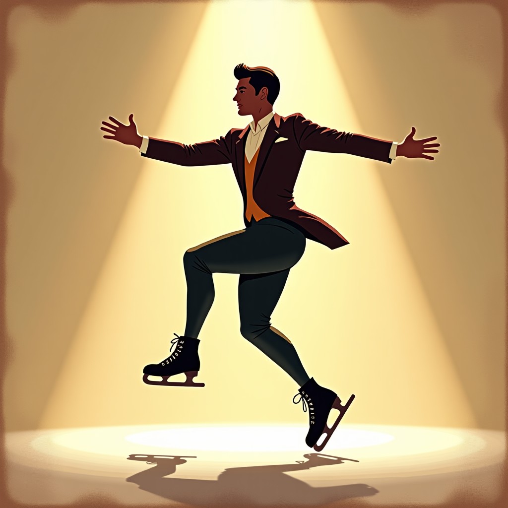 A classic and artistic illustration of a legendary figure skater performing a jump in a vintage style. Warm lighting, textured background reminiscent of history and tradition. No text. 1:1