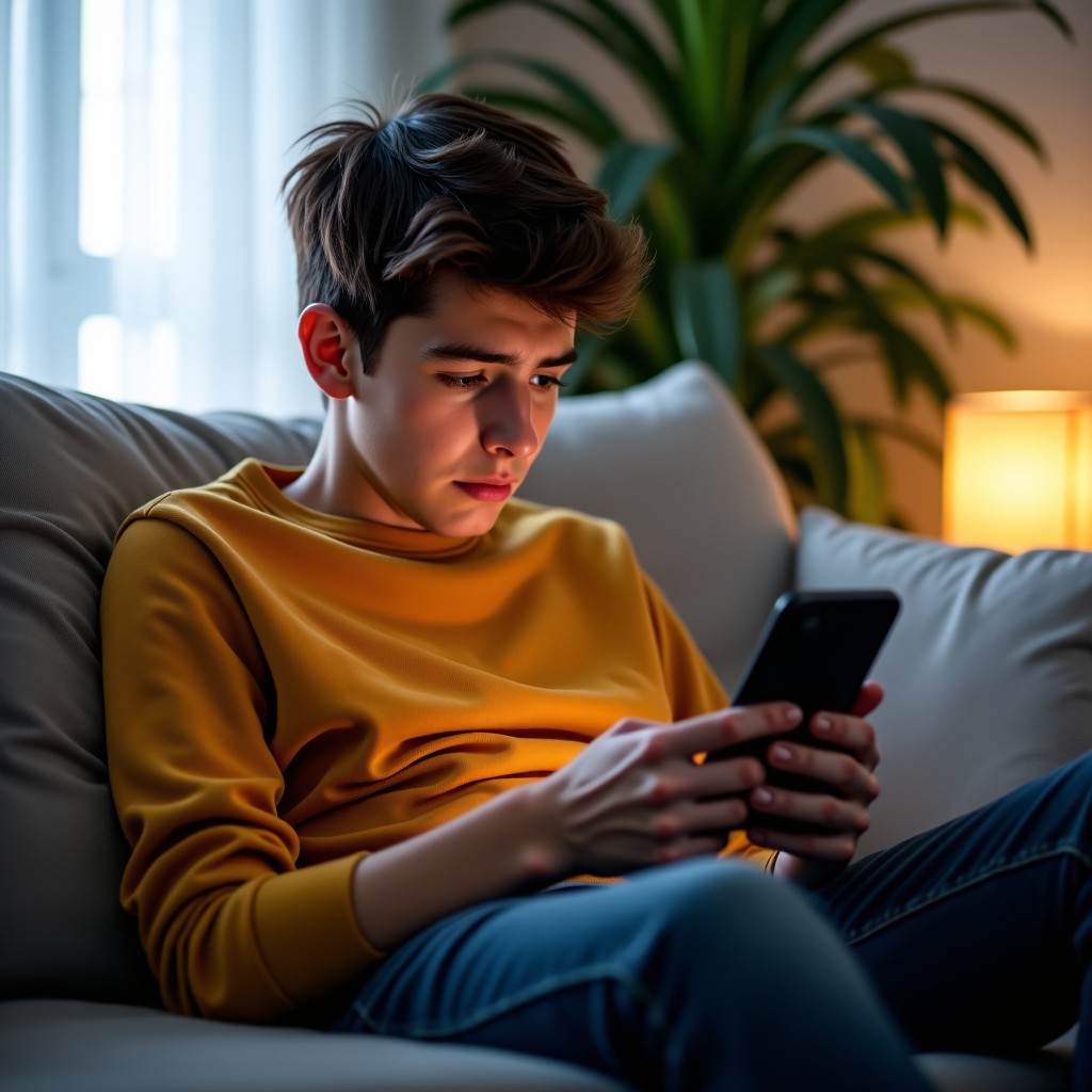 A young person sitting on a sofa looking exhausted and frustrated while scrolling through a smartphone, natural indoor lighting, lifestyle photography, 1:1