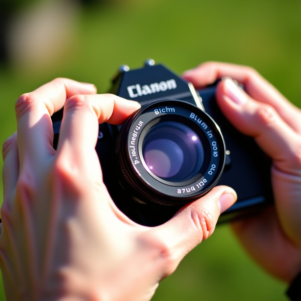 Close up of a persons hands adjusting the focus ring of a vintage SLR camera lens, blurred garden background, natural sunlight, realistic photography, 4:3