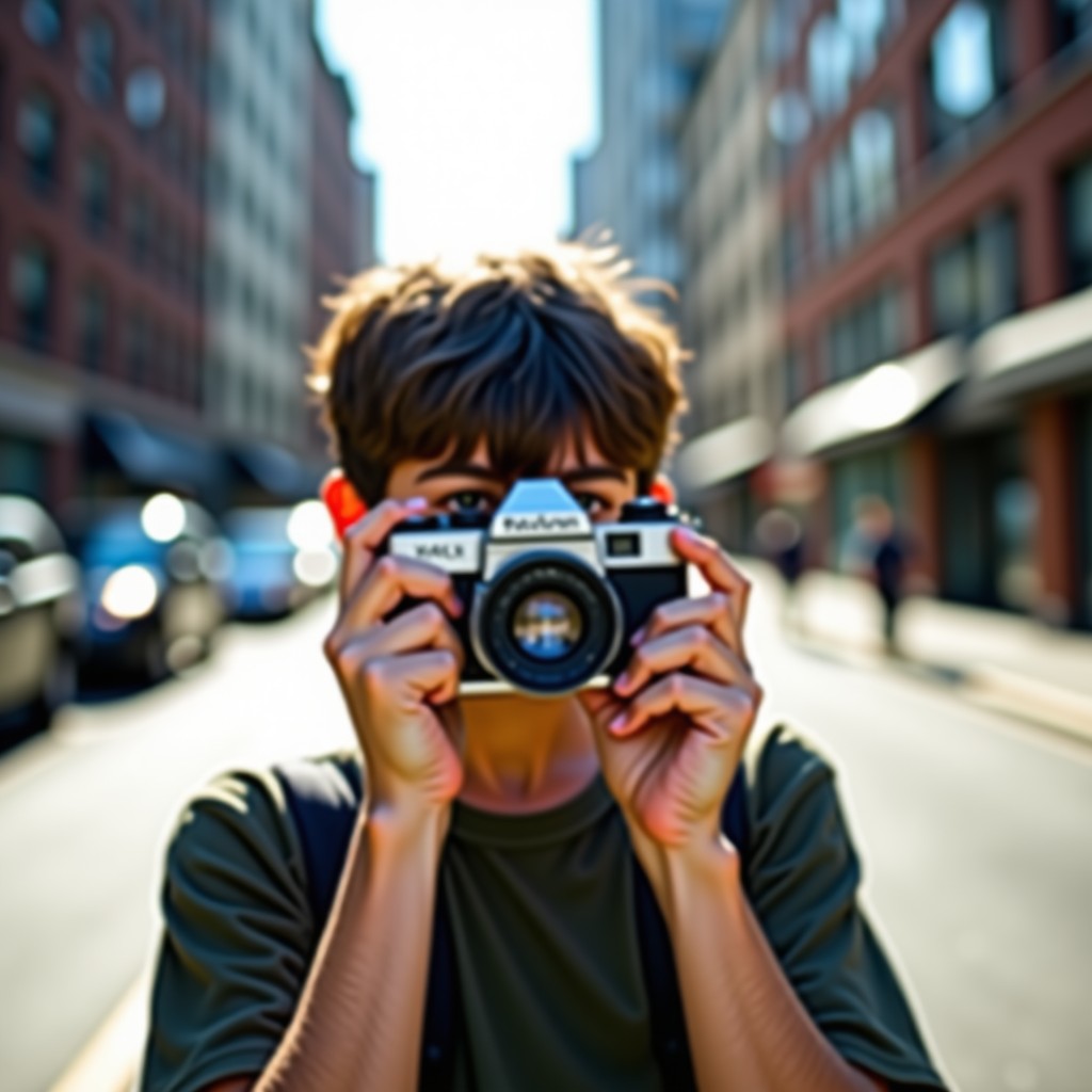 A young person holding a vintage 35mm film camera and looking through the viewfinder to take a photo on a sunny city street, urban background, casual lifestyle photography, 4:3