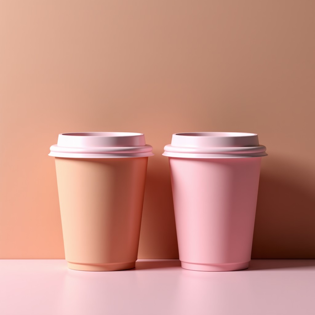 Close up of pink and brown reusable cups side by side, minimalist aesthetic, textured background, 1:1