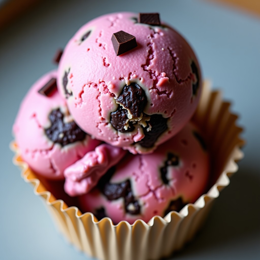 Close-up of a scoop of pink and dark brown swirl chocolate ice cream in a paper cup. Small chunks of brownie and cookie are visible on the surface. Soft, natural lighting. 1:1