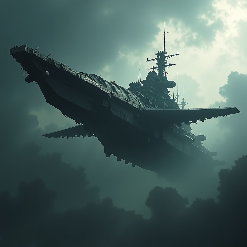 A massive, complex biological battleship with skeletal wings flying through a dark, turbulent sky filled with thick clouds. The ship has a unique organic and mechanical hybrid design. Dramatic scale, high contrast, 4:3