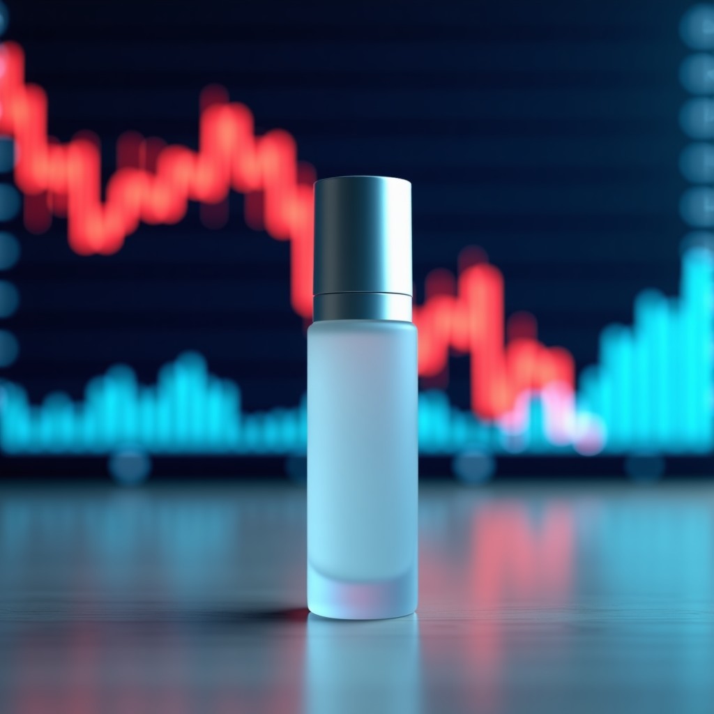 A professional conceptual image featuring a stock market display with a sharp downward red trend line in the background. In the foreground, a luxury skincare or medical device bottle is placed on a reflective modern surface with soft blue and grey tones. High contrast, 4:3.