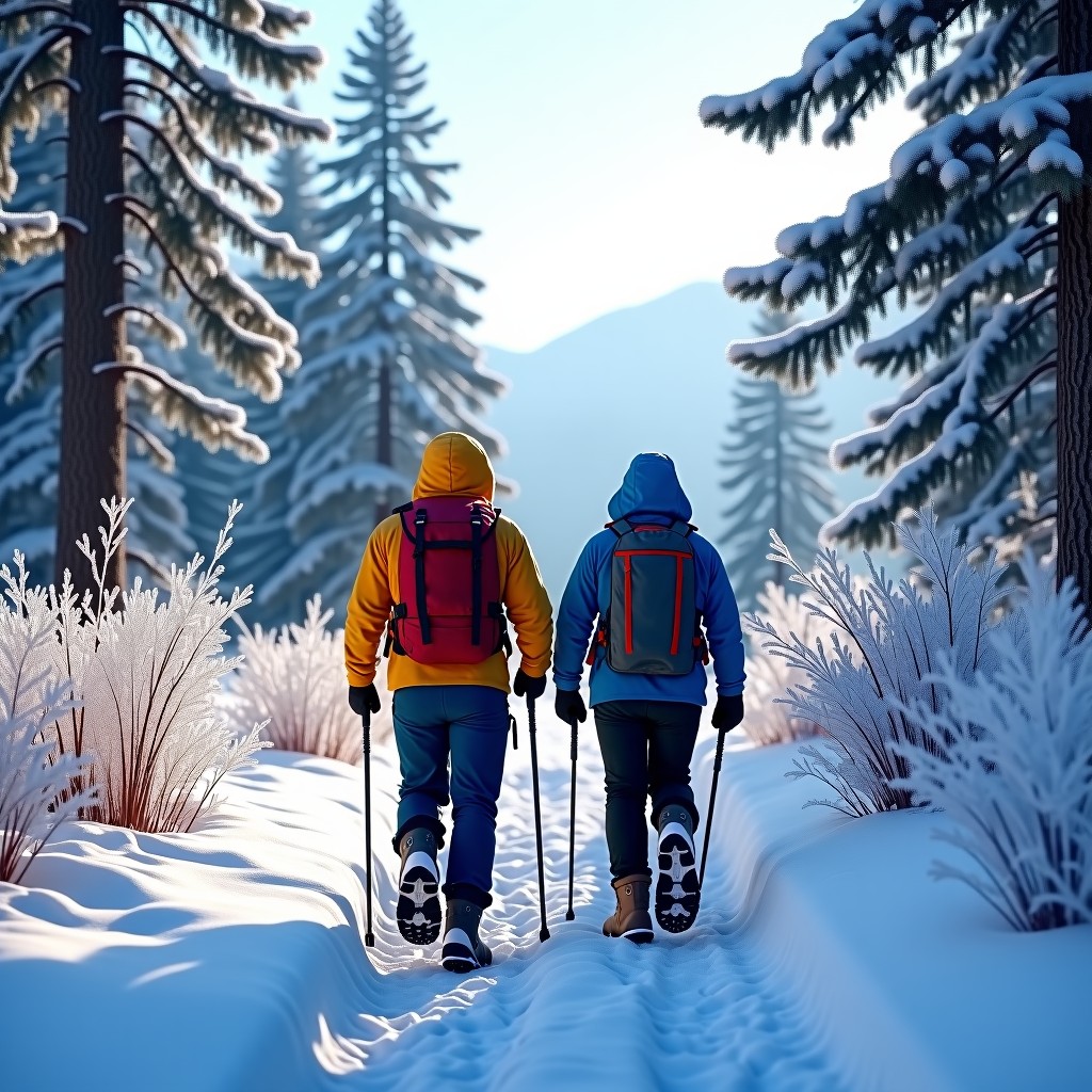 Hikers wearing colorful winter outdoor gear and hiking boots with ice cleats walking through a forest where branches are covered in heavy hoarfrost and snow. Taebaek Mountain trail, realistic landscape photography. 4:3