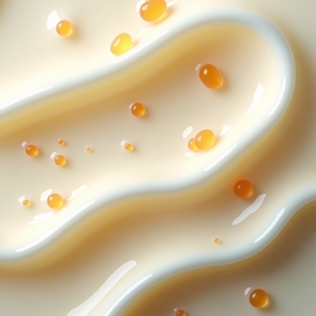 Macro view of thick white cream with small visible ceramide capsules, high detail, warm lighting, no text, 1:1
