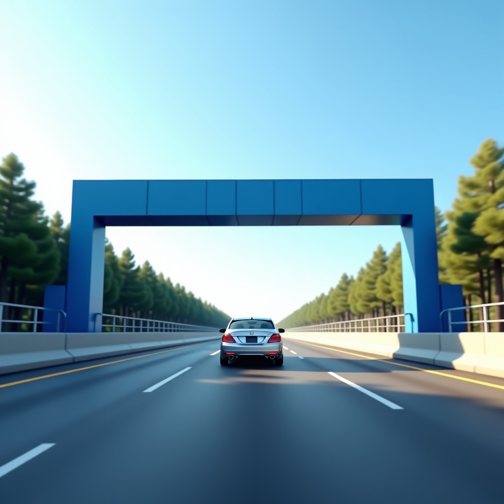 A silver sedan passing through a blue High-pass toll gate on a Korean highway, clear daylight, focus on the gate and the car movement, realistic style, 1:1