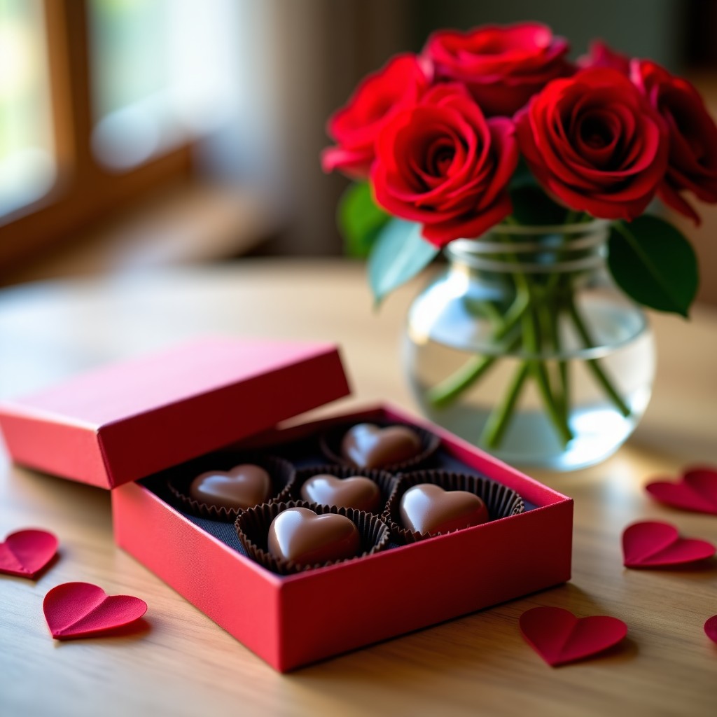 A romantic table setting featuring heart-shaped chocolates in a beautiful gift box, red roses in a glass vase, and soft warm lighting, lifestyle photography, natural setting, 4:3
